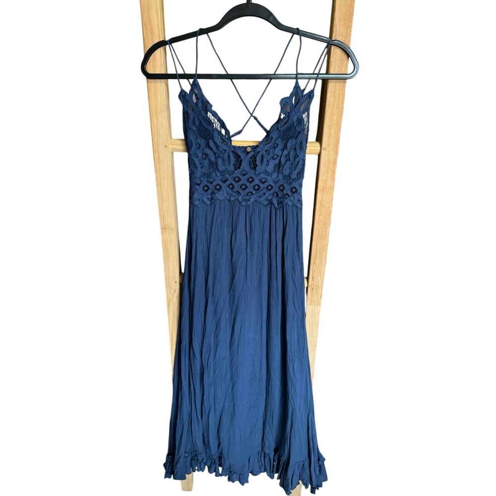 Free People One Adella Maxi Slip Lace Dress Navy Blue Size Small - Picture 4 of 12